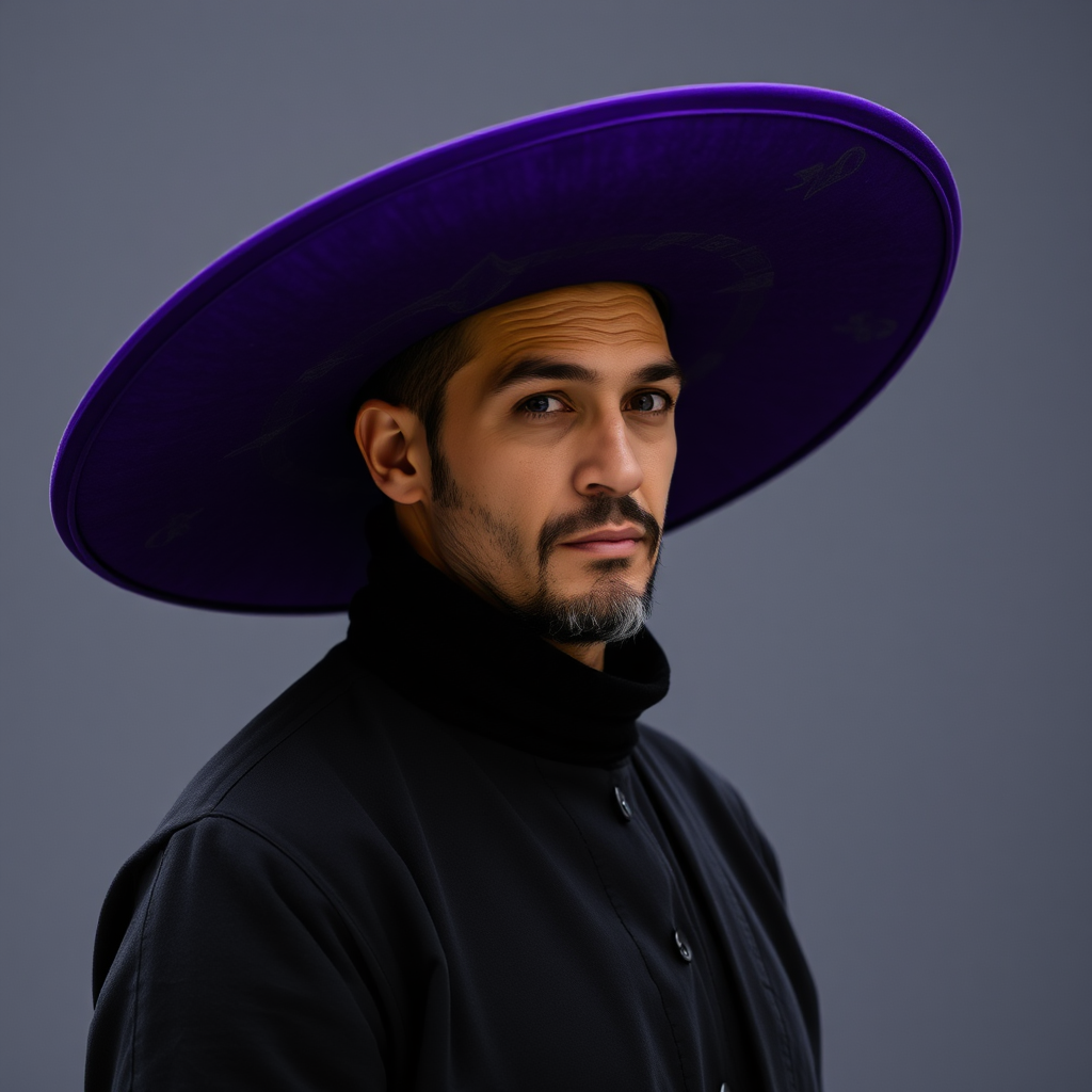 A man in a black outfit with a purple hat.