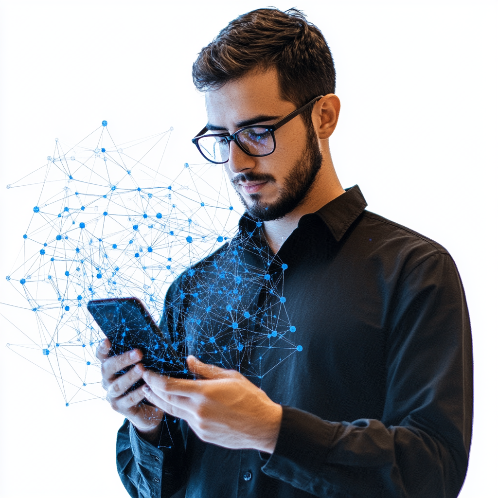 A man in a black shirt with glasses using phone.