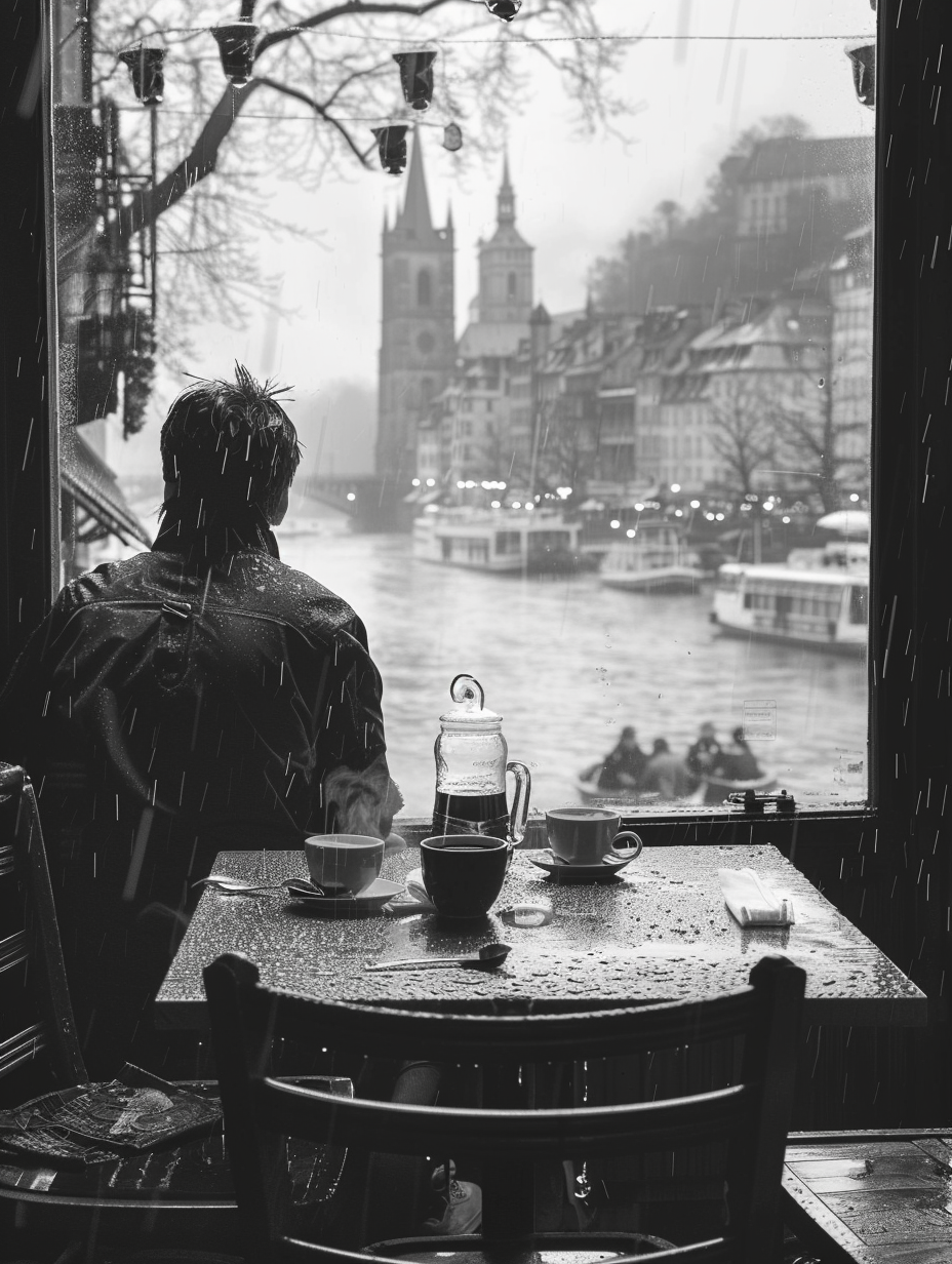 A man in a cafe looking at rain