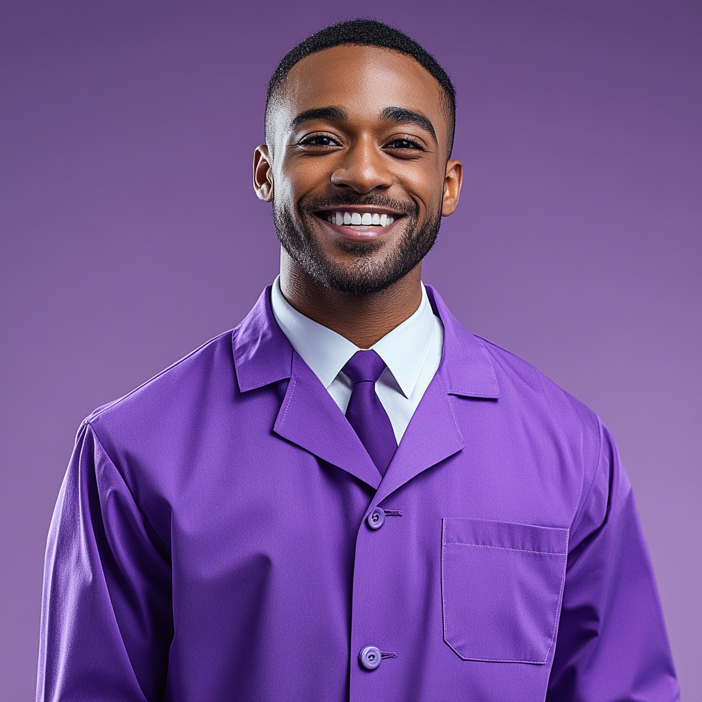 A man in a purple lab coat smiling