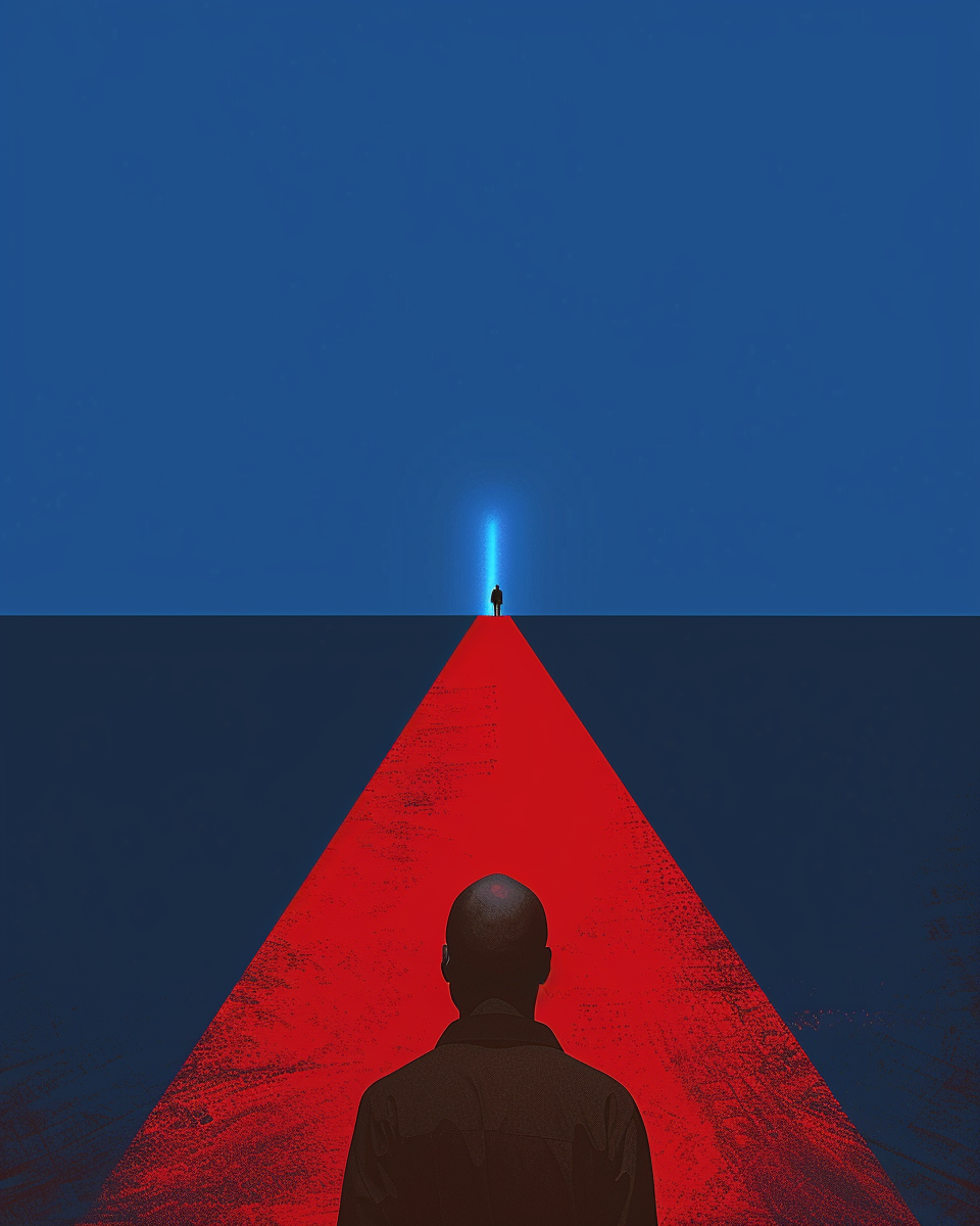 A man in a red road with blue light.