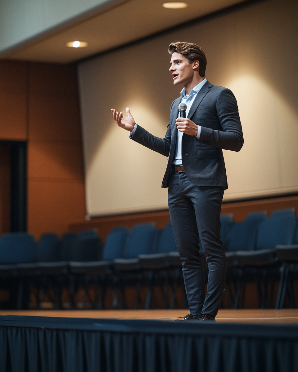 A man in a suit speaking on stage