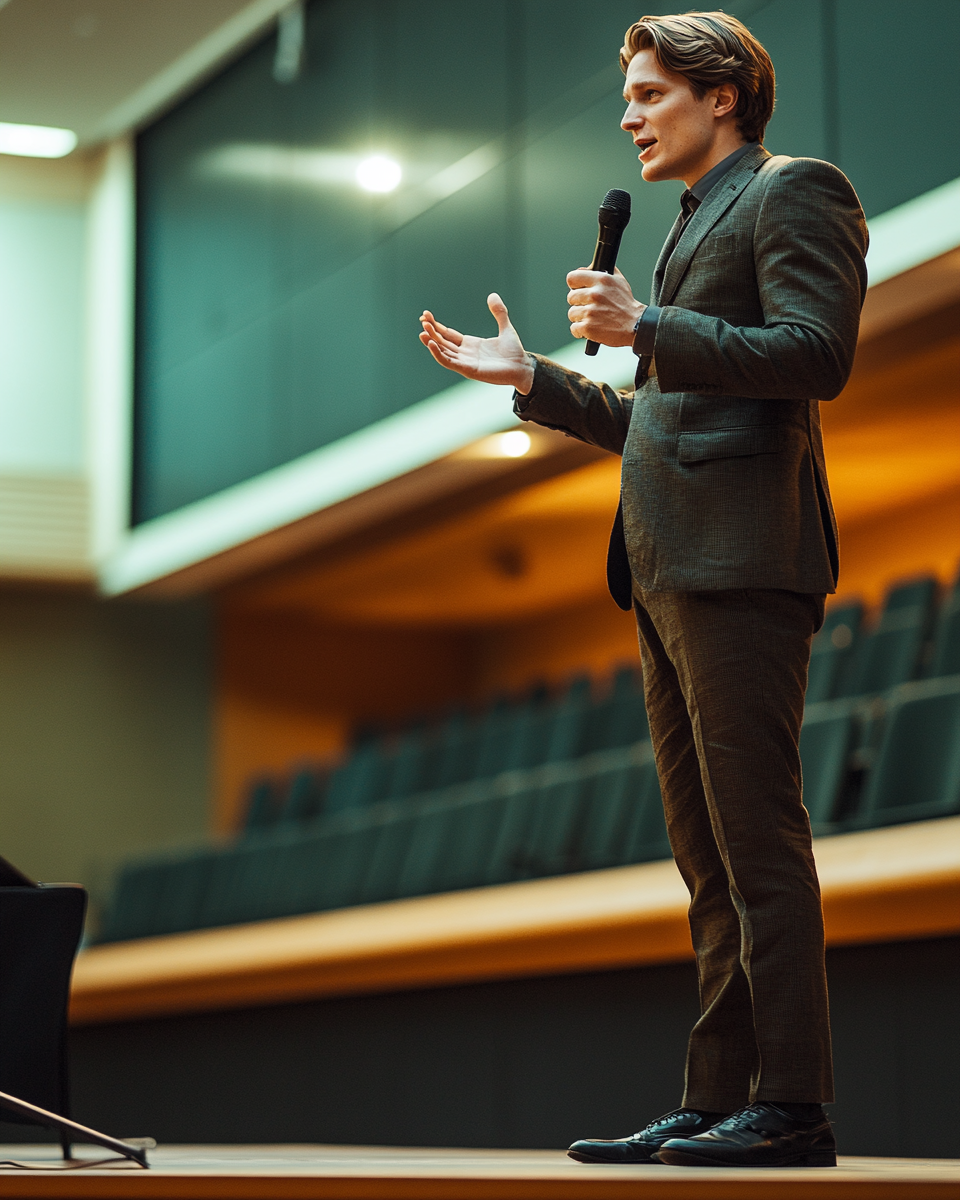 A man in a suit speaks on stage