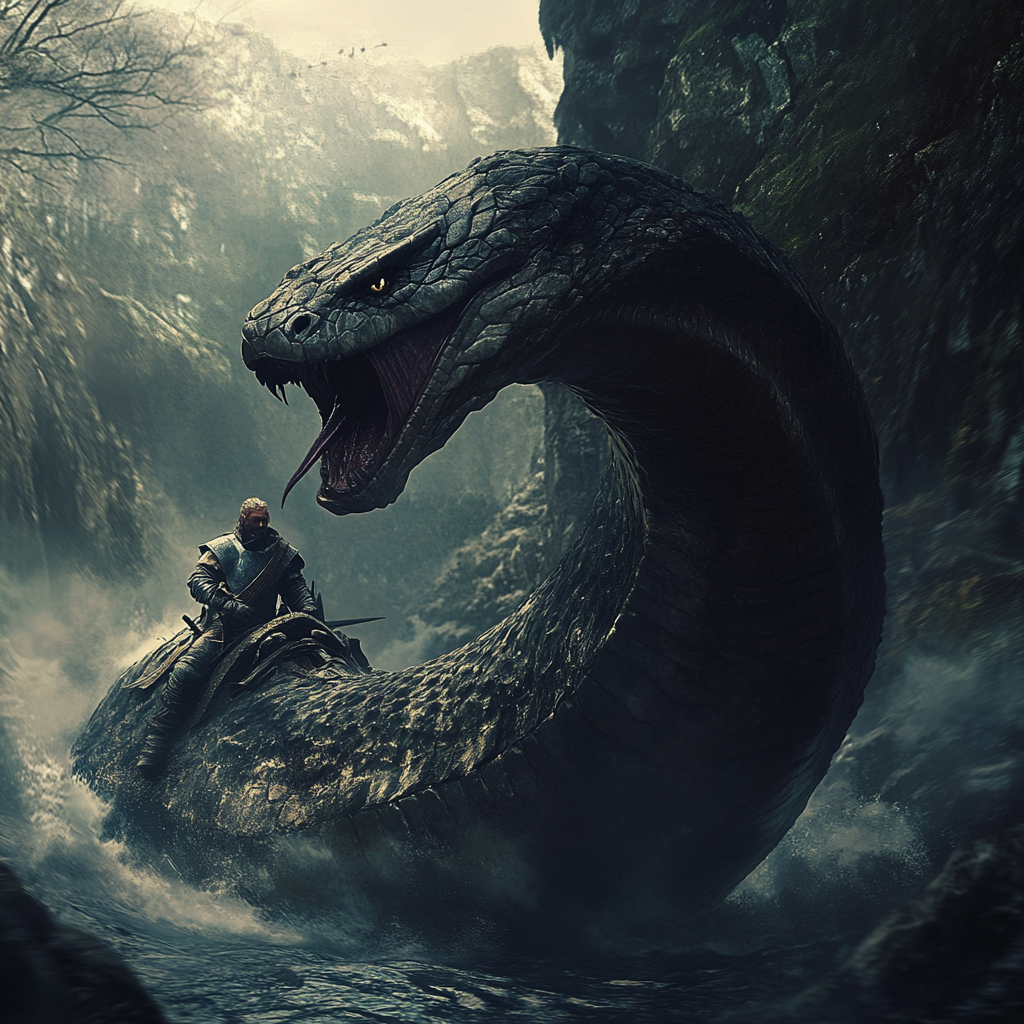 A man in armor rides giant, menacing snake.