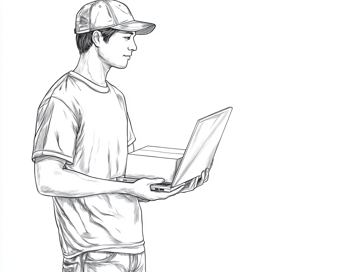 A man in baseball hat holds laptop & box.