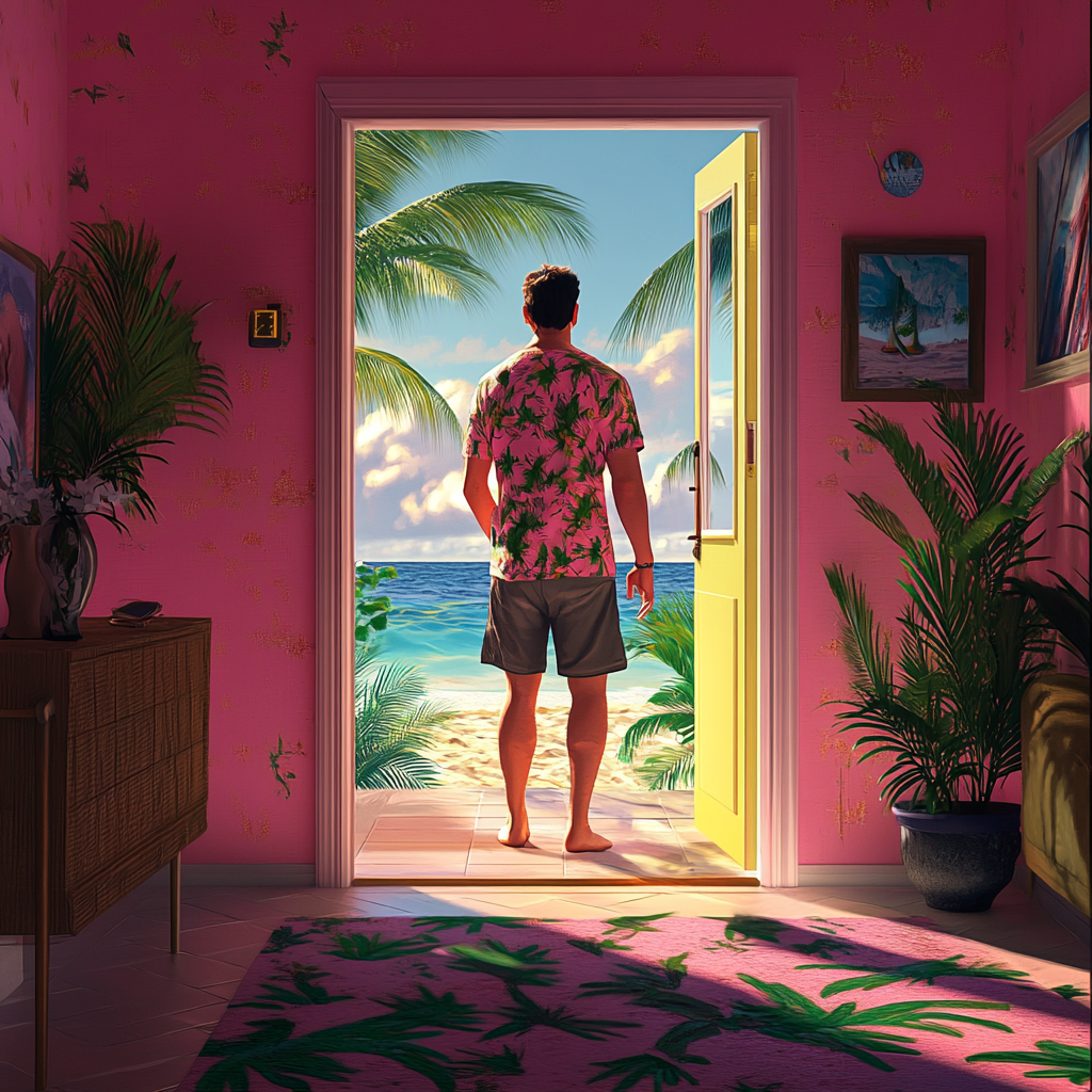 A man in beach attire opening door