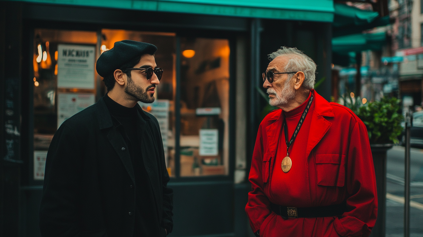 A man in black asking old man in red