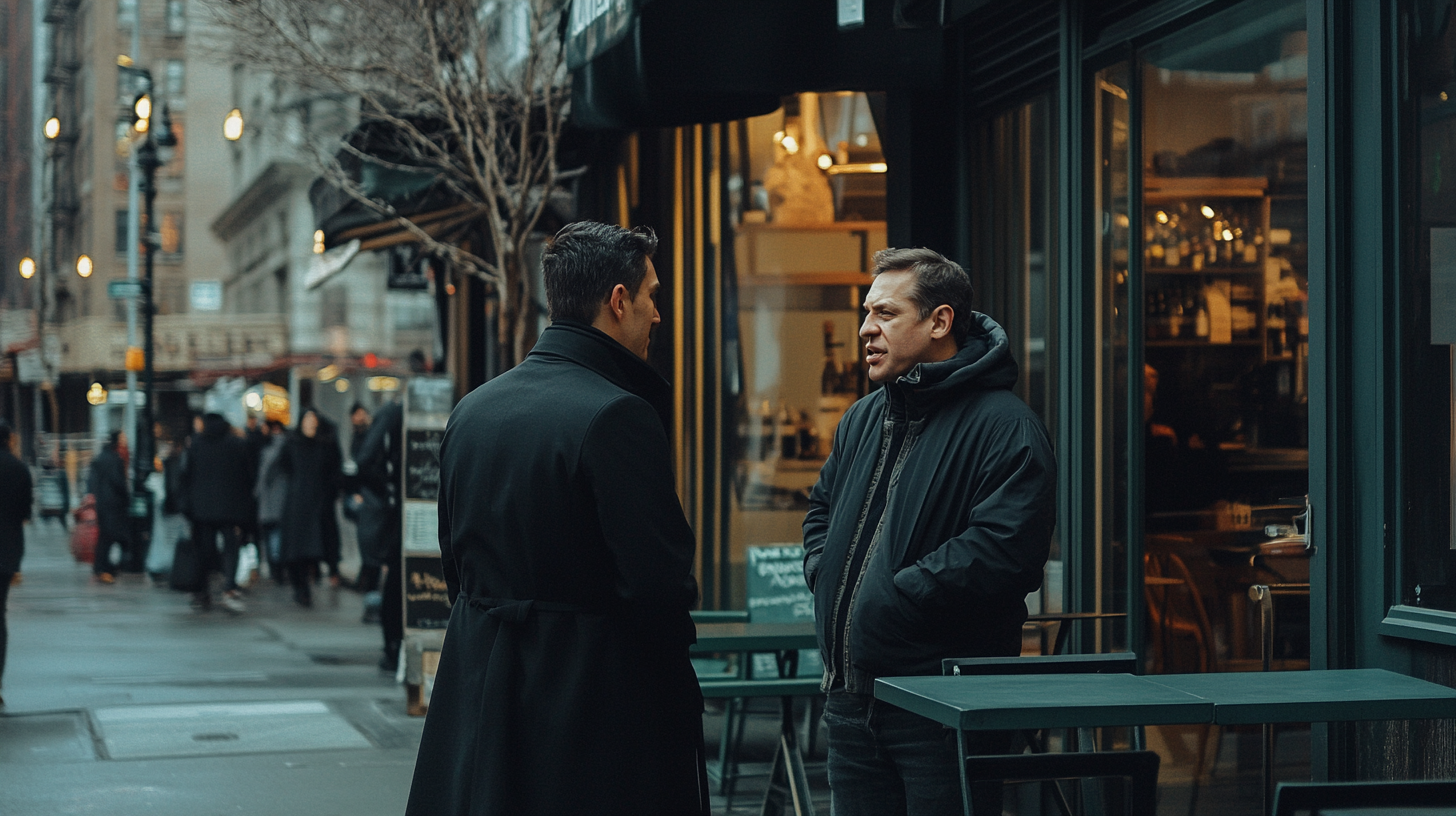 A man in black asks New York man.