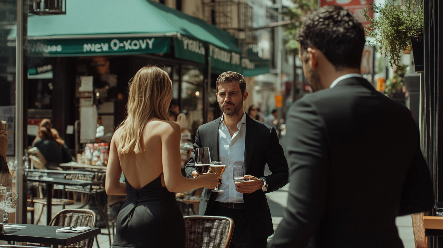 A man in black asks New York woman.