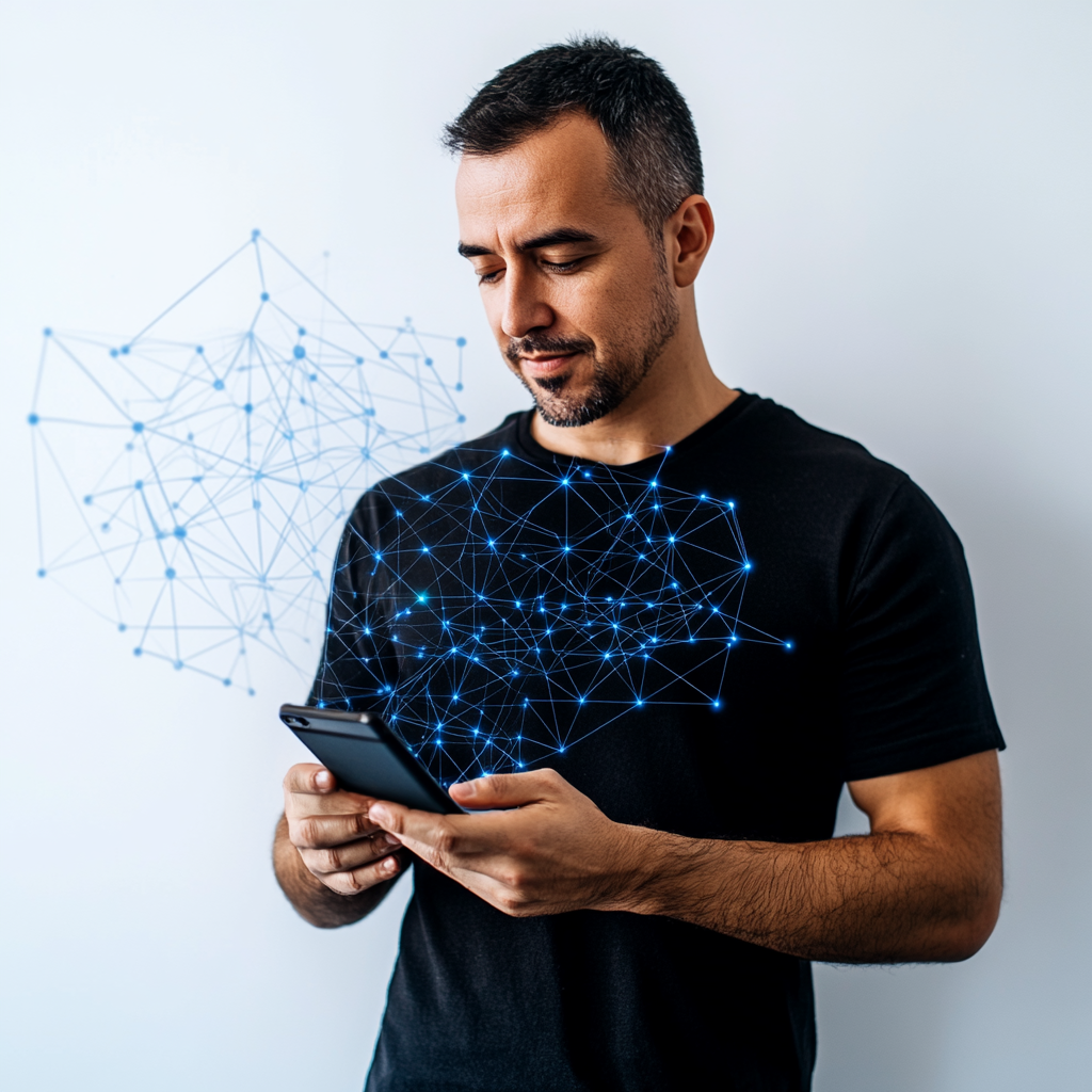 A man in black shirt looks at phone.