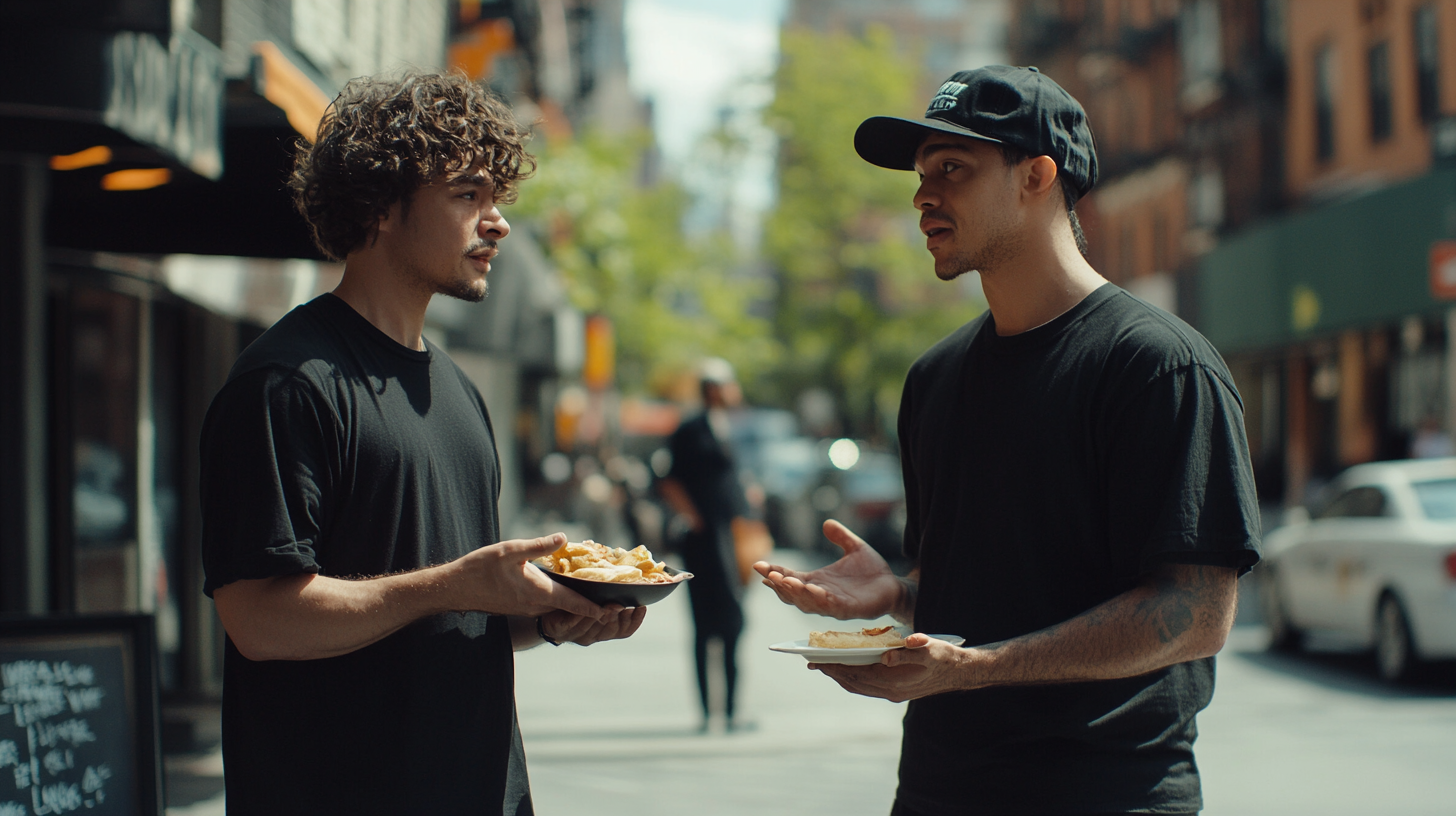 A man in black talking to NYC man.