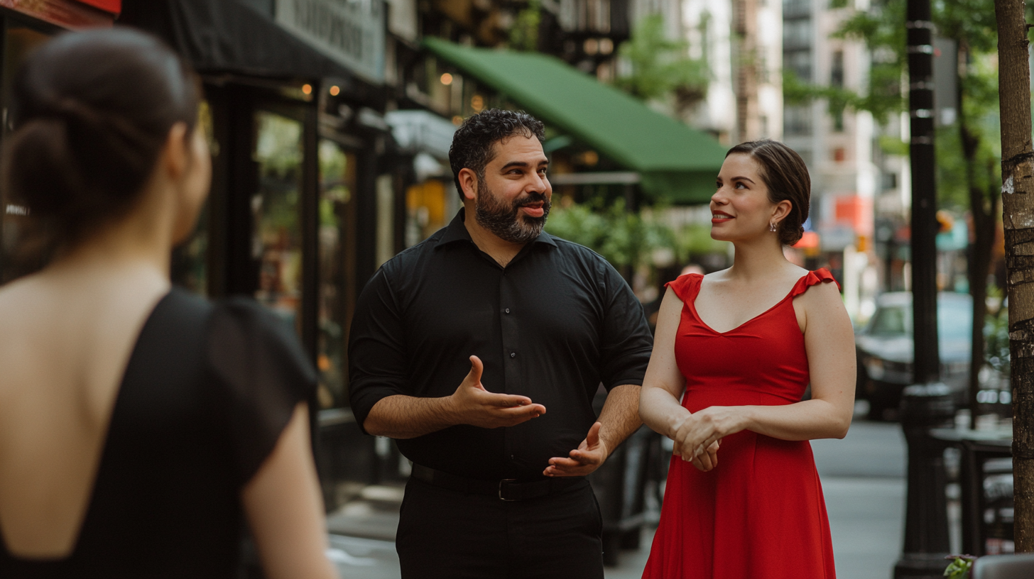 A man in black talking to woman in red.