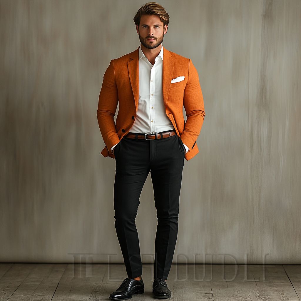 A man in burnt orange blazer and black pants