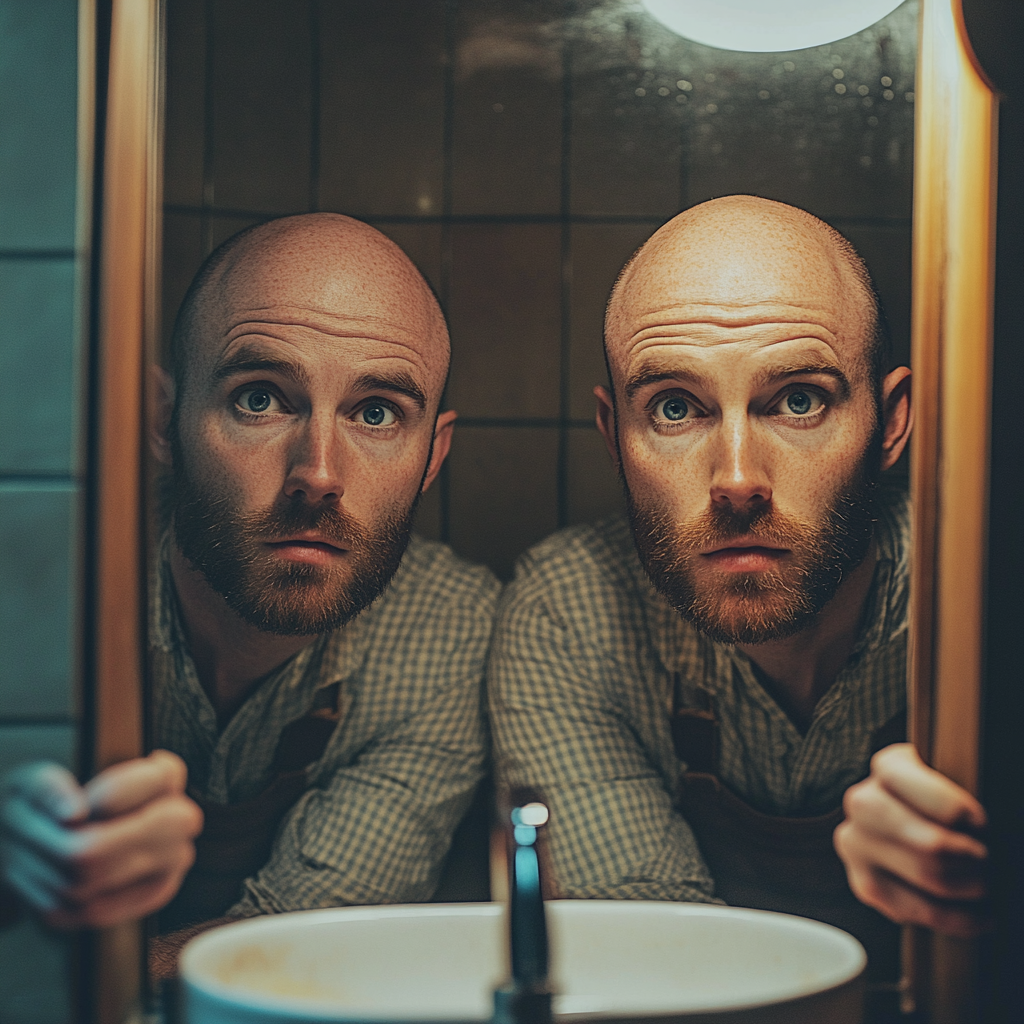 A man in front of mirror looking sad.