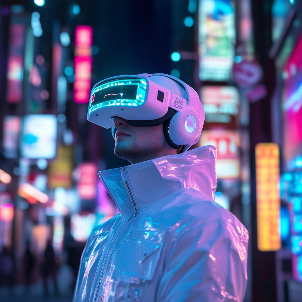 A man in futuristic attire gazing up.