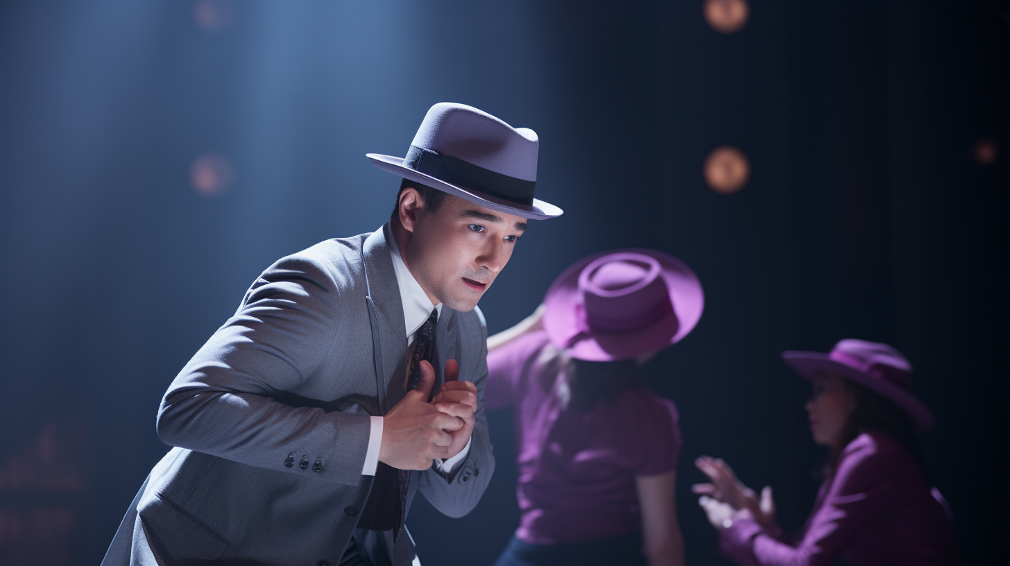 A man in gray suit stops to admire purple hat.