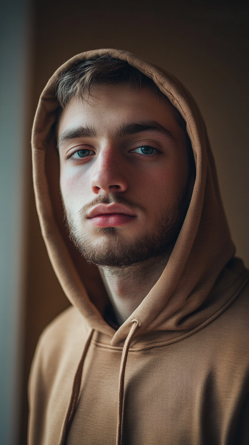 A man in hoodie looks thoughtfully at camera.