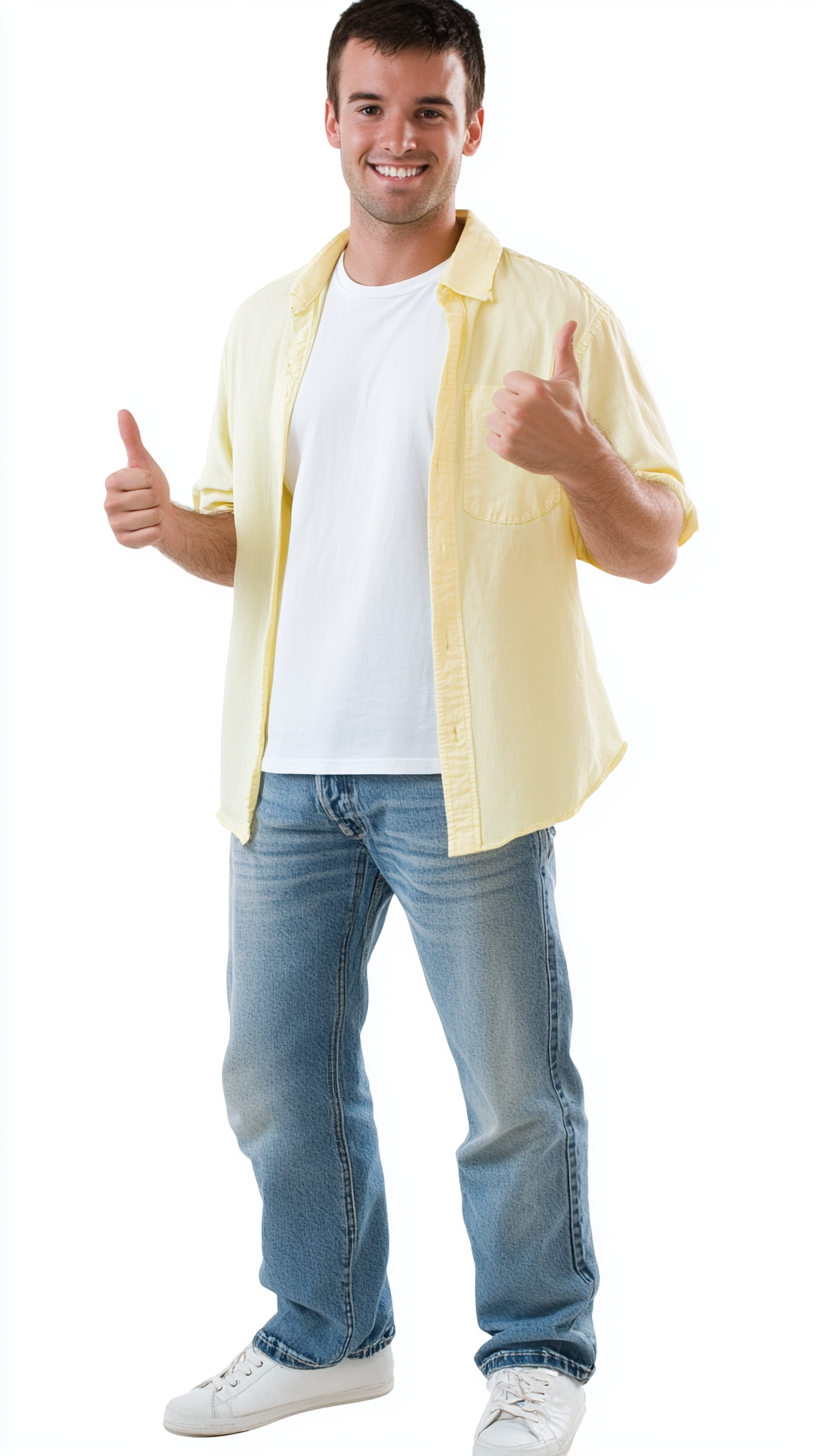 A man in jeans, t-shirt, giving thumbs up.