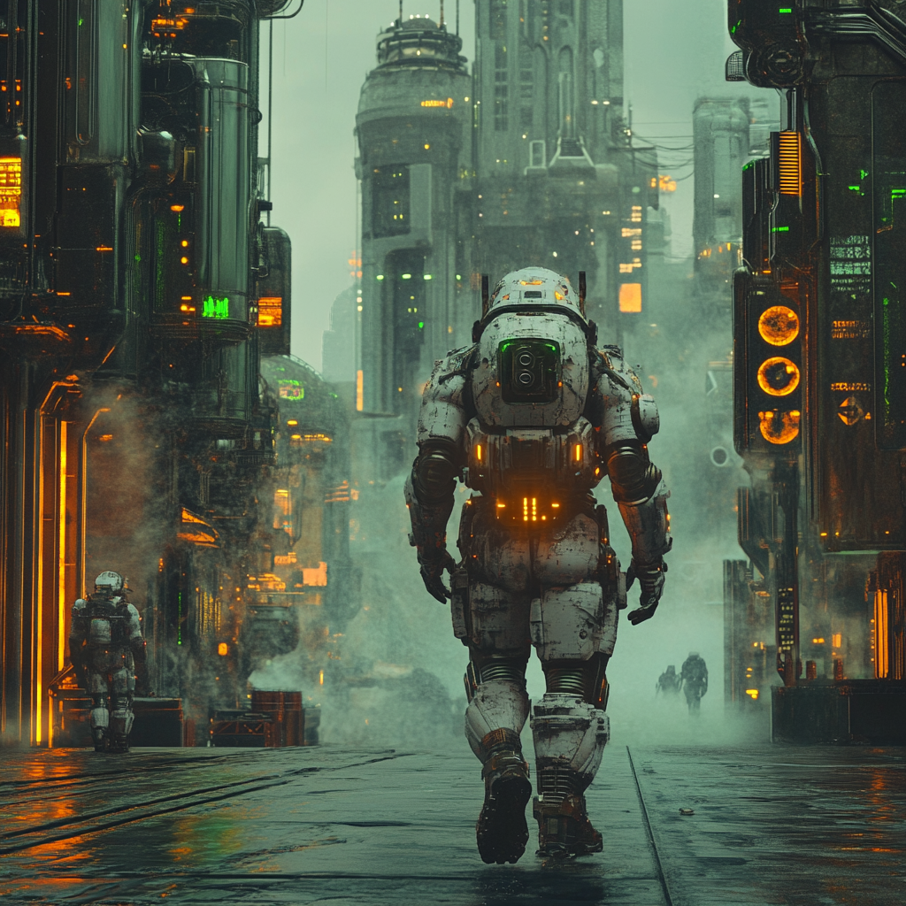 A man in mech suit walks on Venus city.