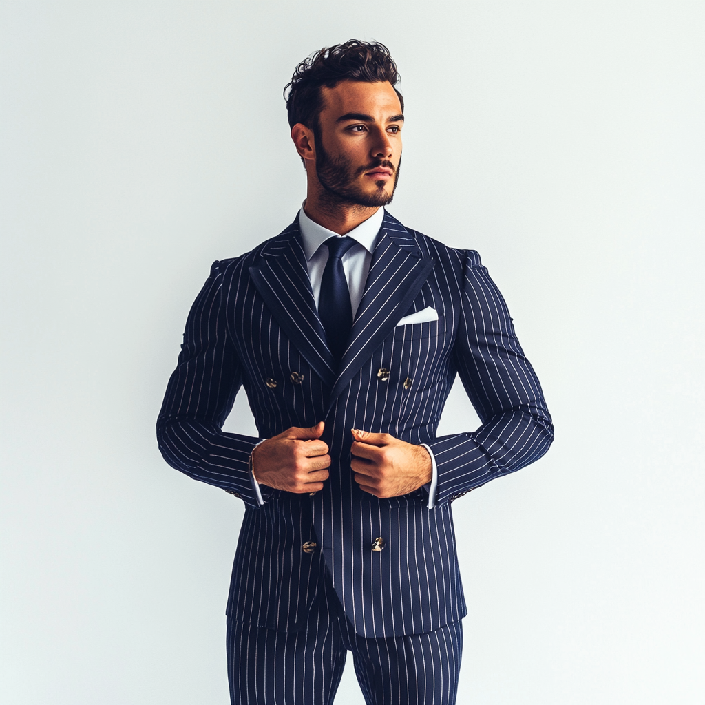 A man in navy suit with white stripes