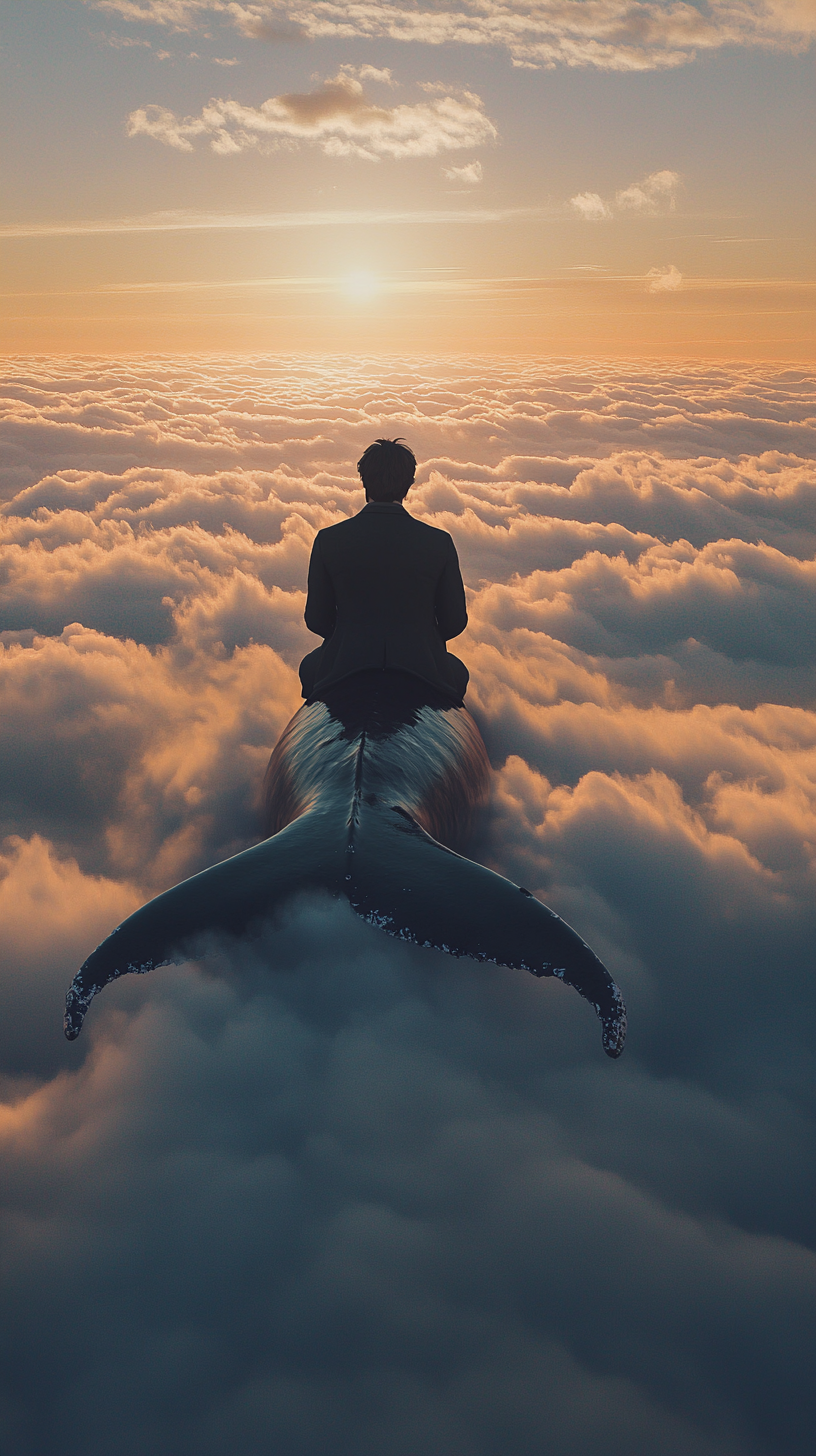 A man in old fashioned suit rides whale