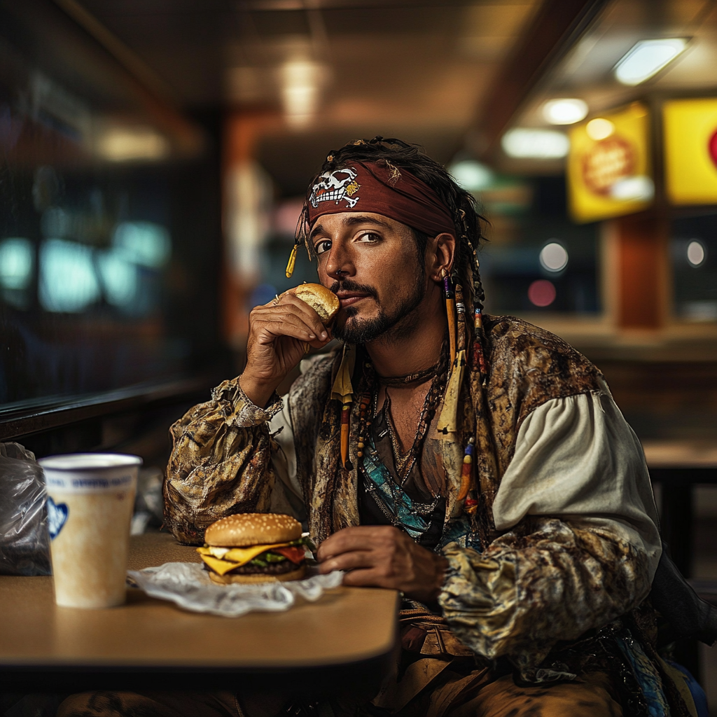 A man in pirate costume eating burger happily