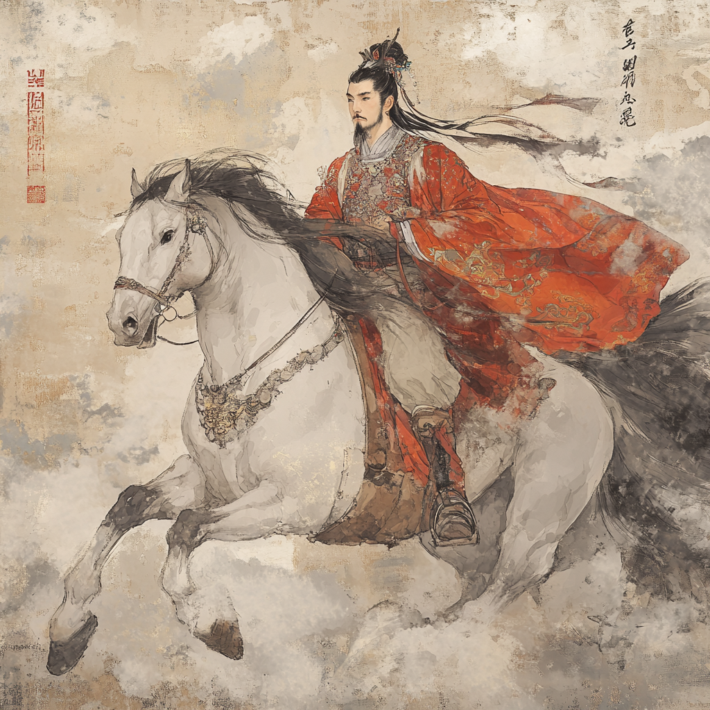 A man in traditional Chinese clothing on a horse.