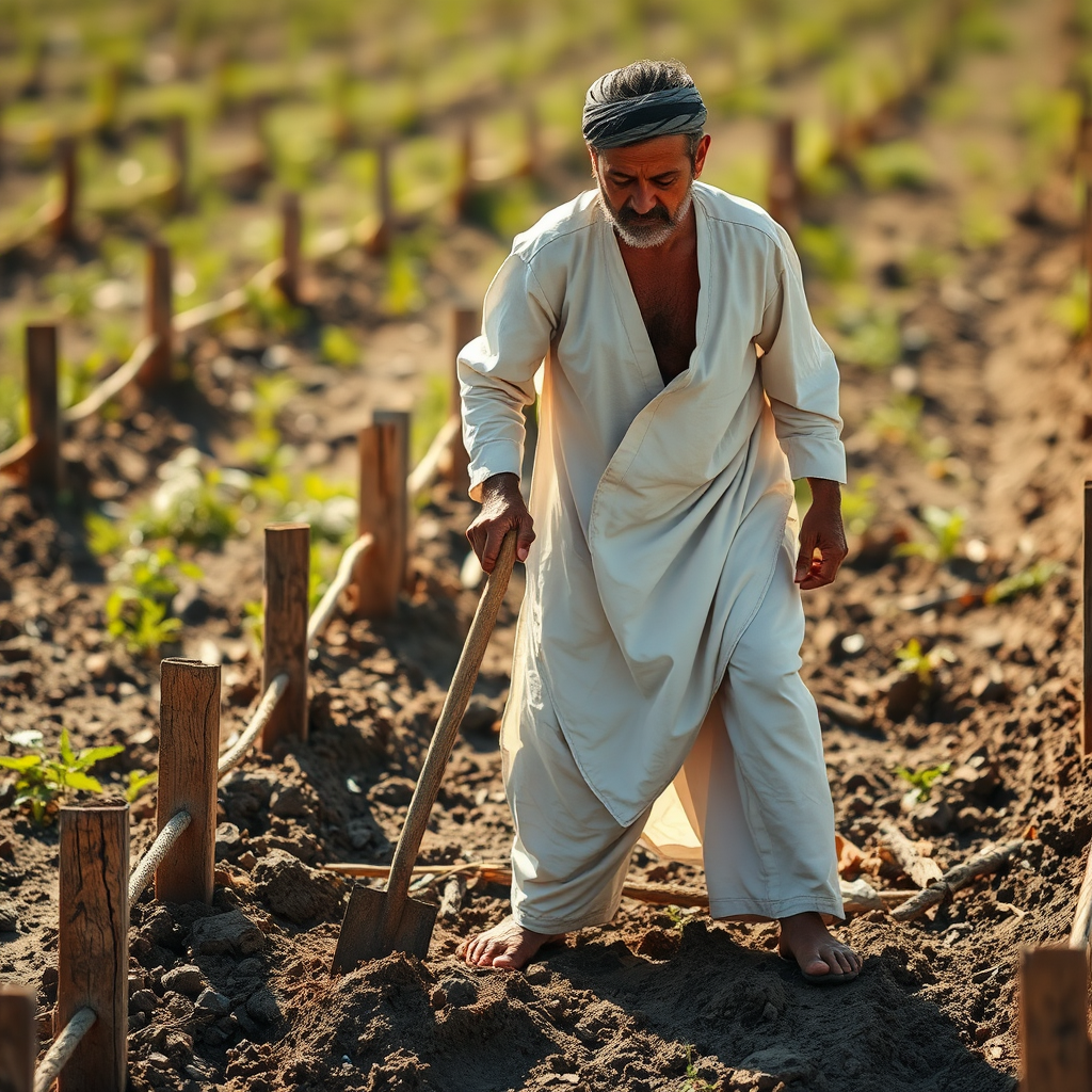 A man in white clothes works in field.