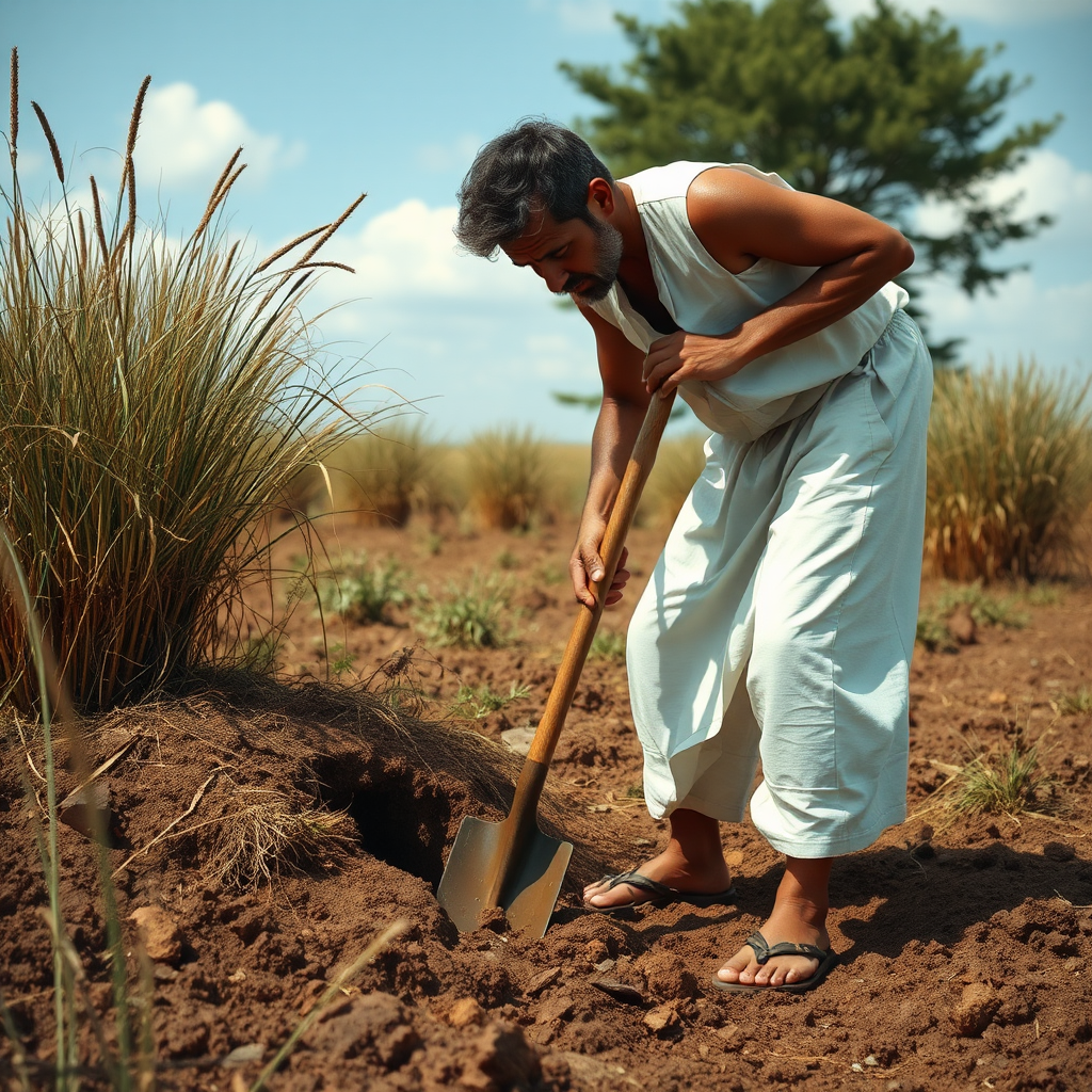 A man in white outfit finds buried treasure.