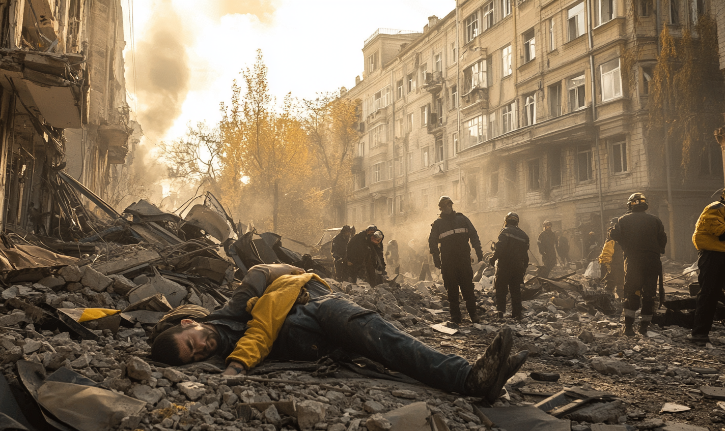 A man injured in Ukraine, devastated city street.