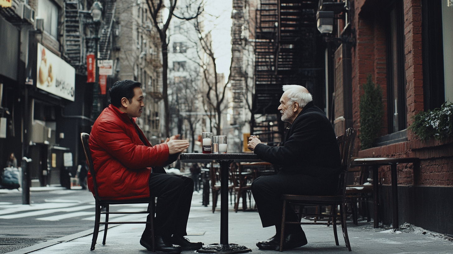 A man interviews old man in New York.