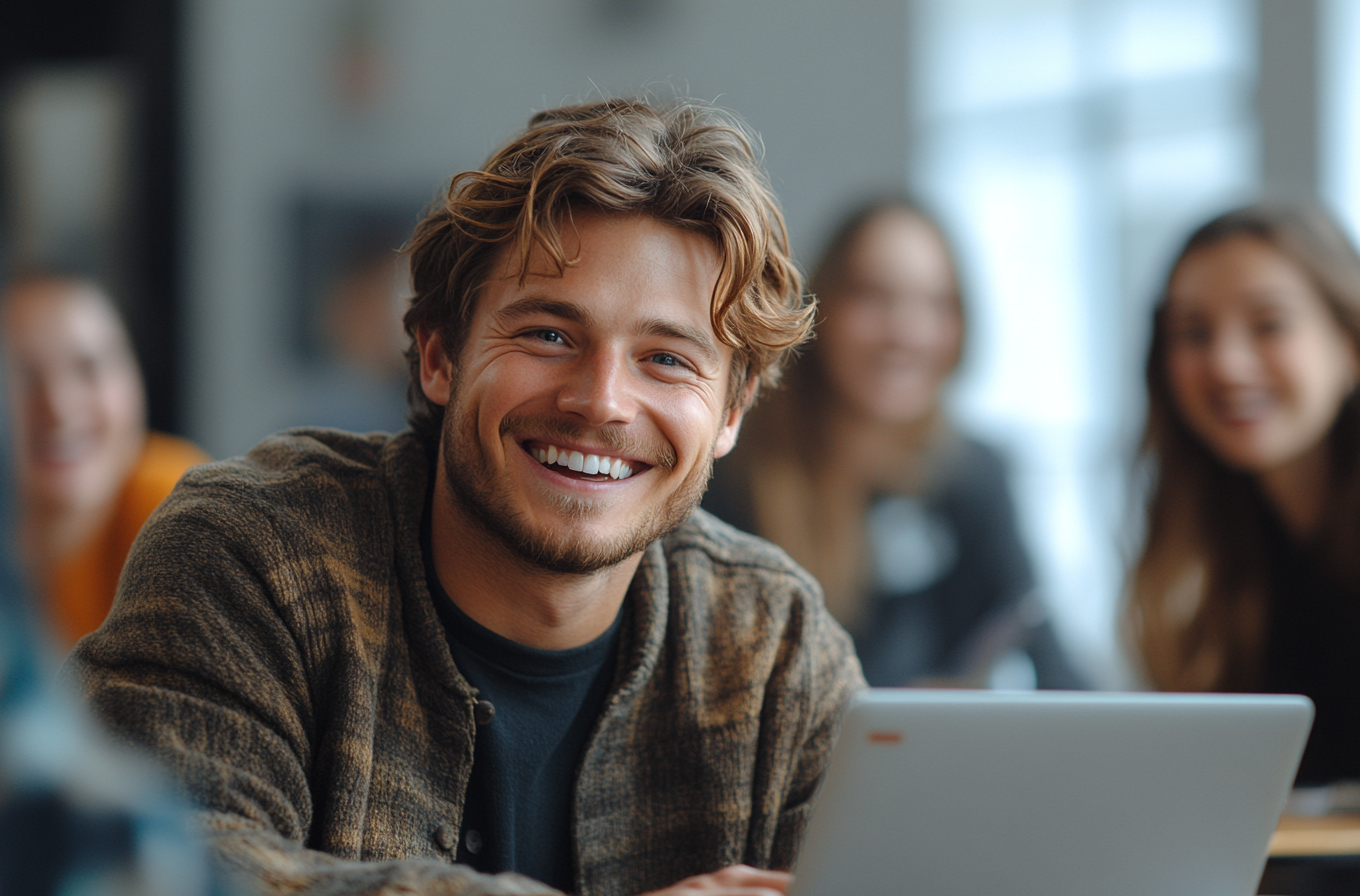 A man laughing with office workers in bright space”