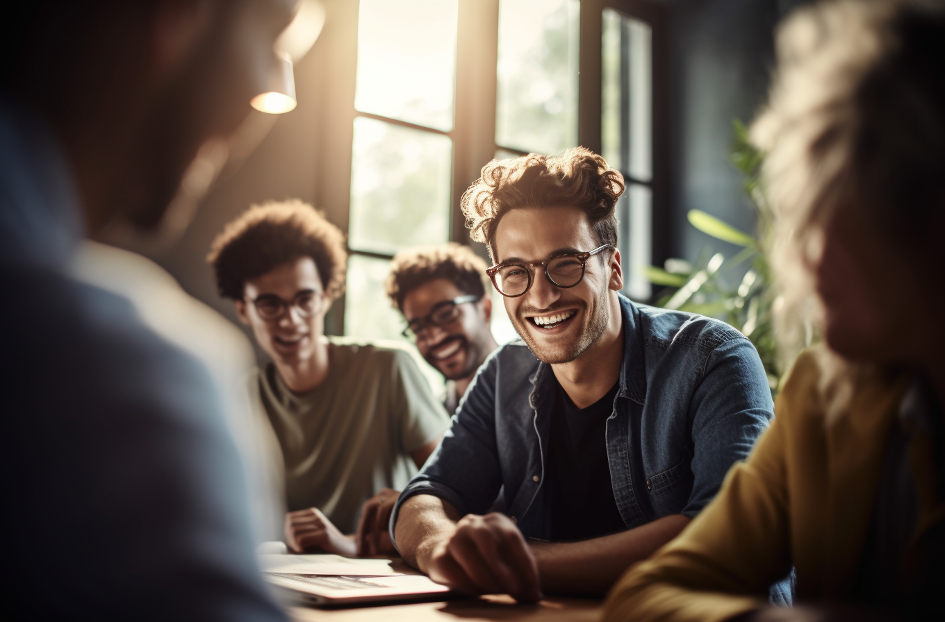 A man laughs with office workers in light