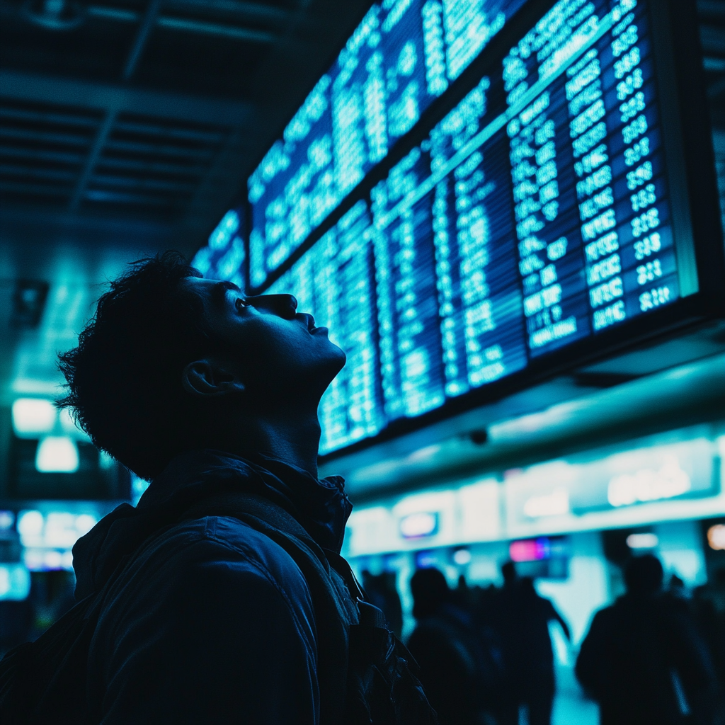 A man looks up at glowing departure board