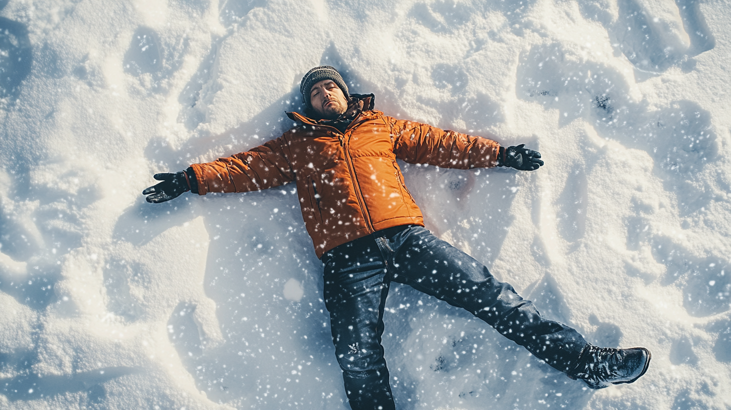 A man lying on snow in dramatic scene.