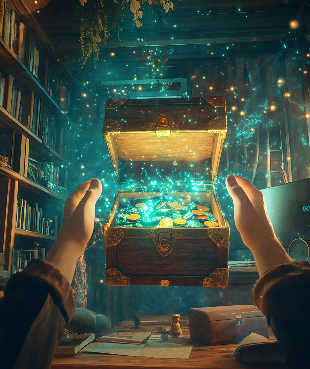 A man opens a treasure chest in his room.