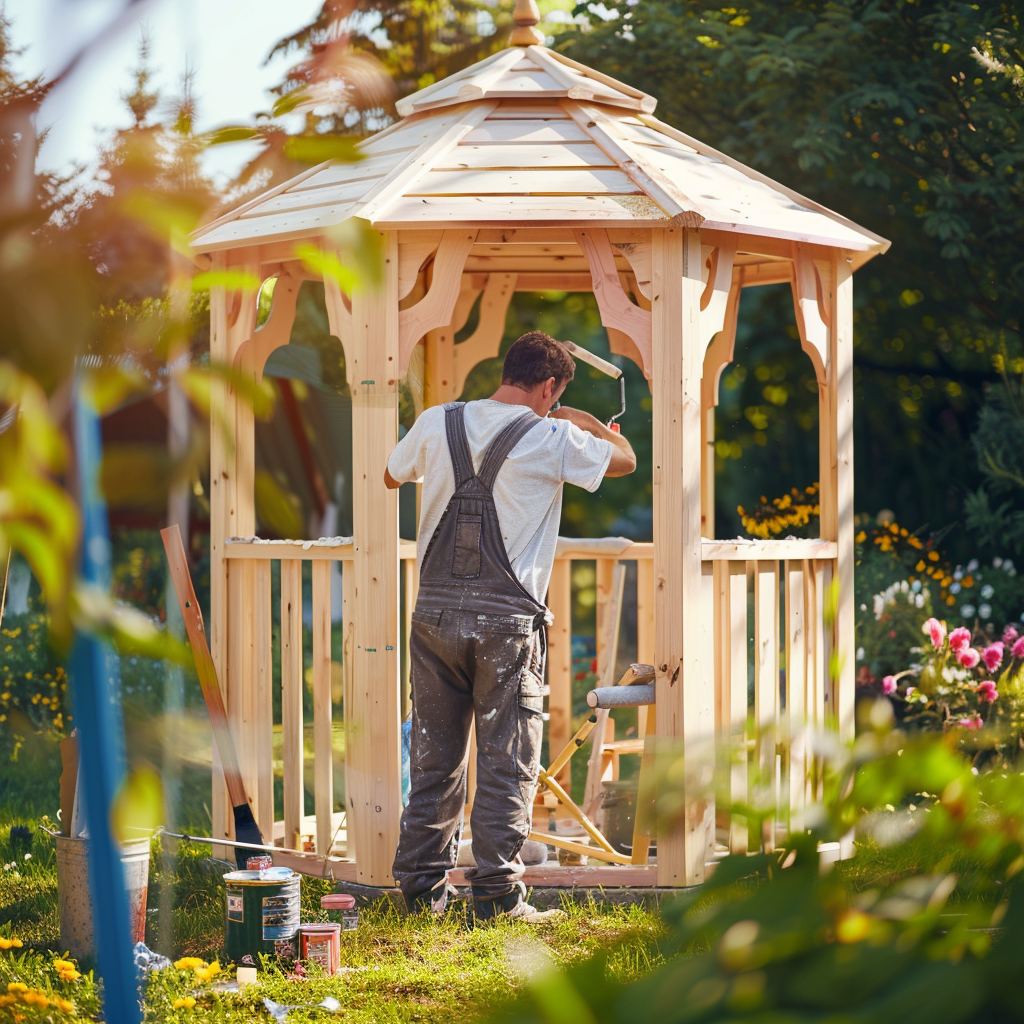 A man painting wooden garden gazebo walls.