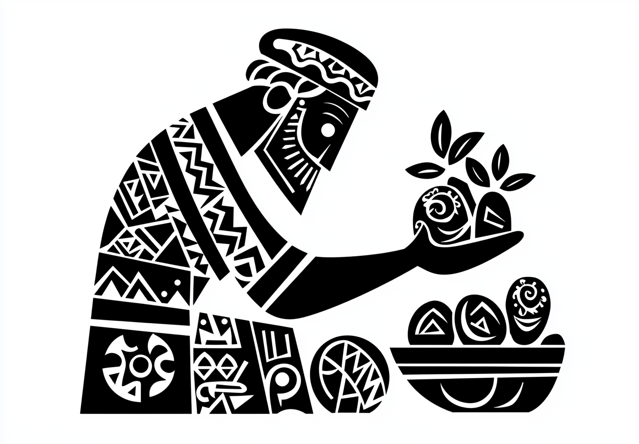 A man peeling potatoes in ancient Slavic art.