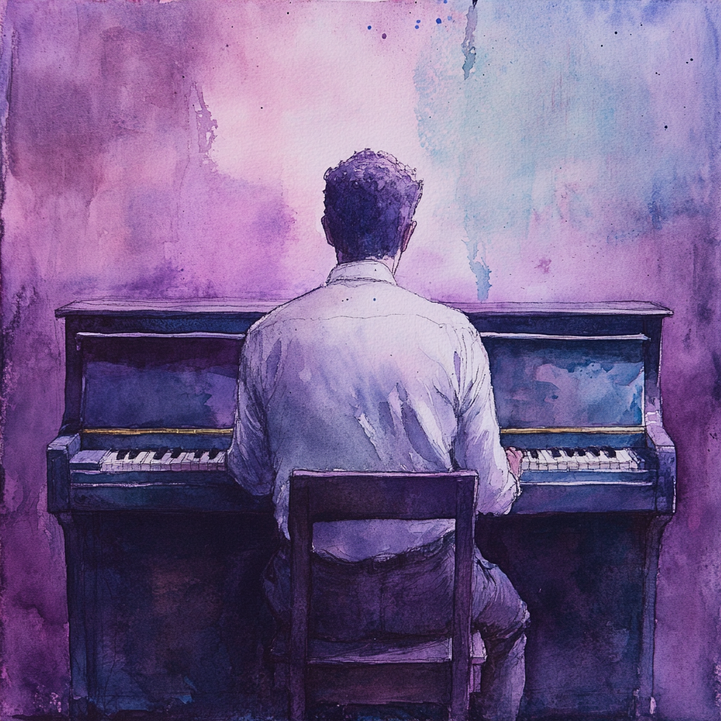 Watercolor art of a man playing Piano<br>