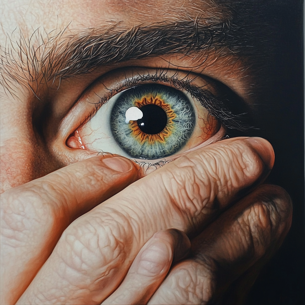 A man removing his blindfold, hyperrealistic images, baroque art.