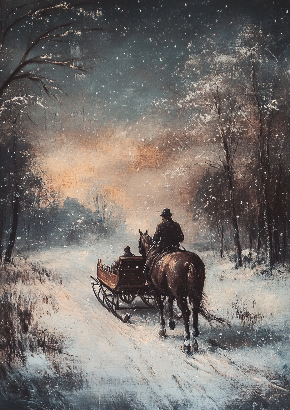 A man rides horse-drawn sleigh in winter storm.