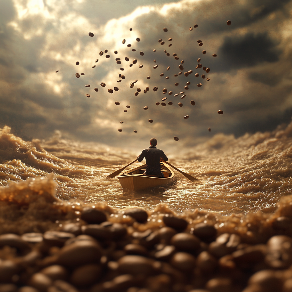 A man rowing small boat in coffee sea