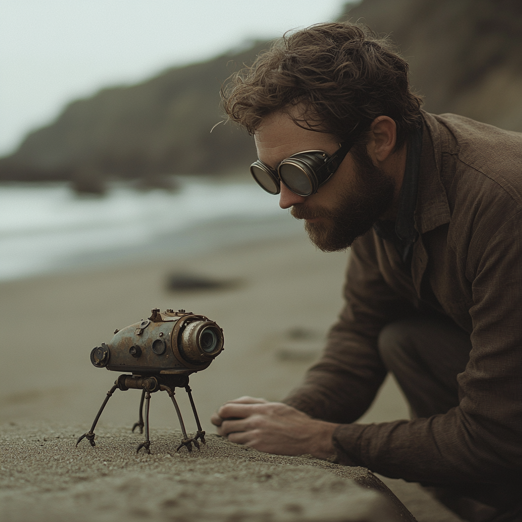 A man shows off small robotic whale on beach.