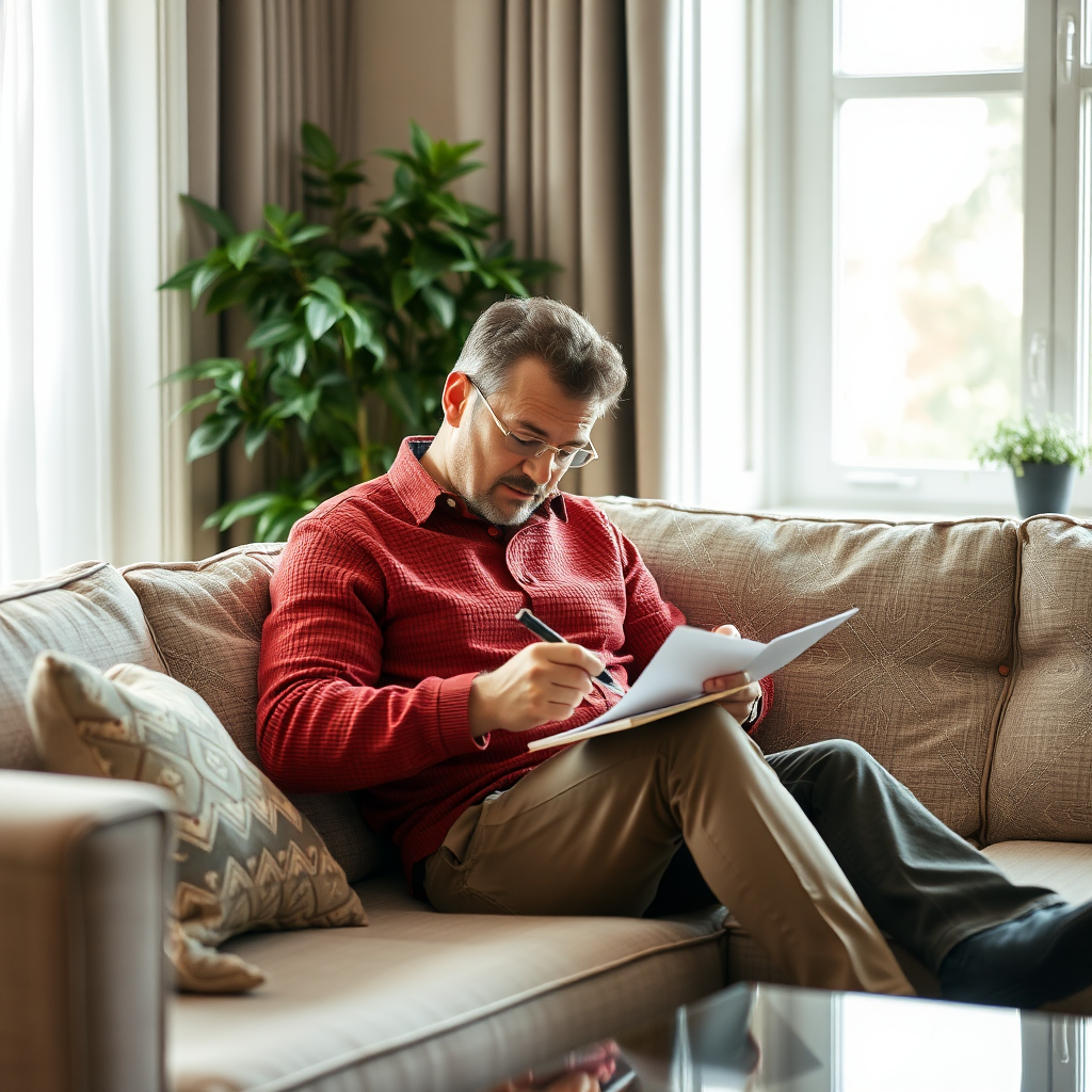 A man sitting on a sofa writing letter