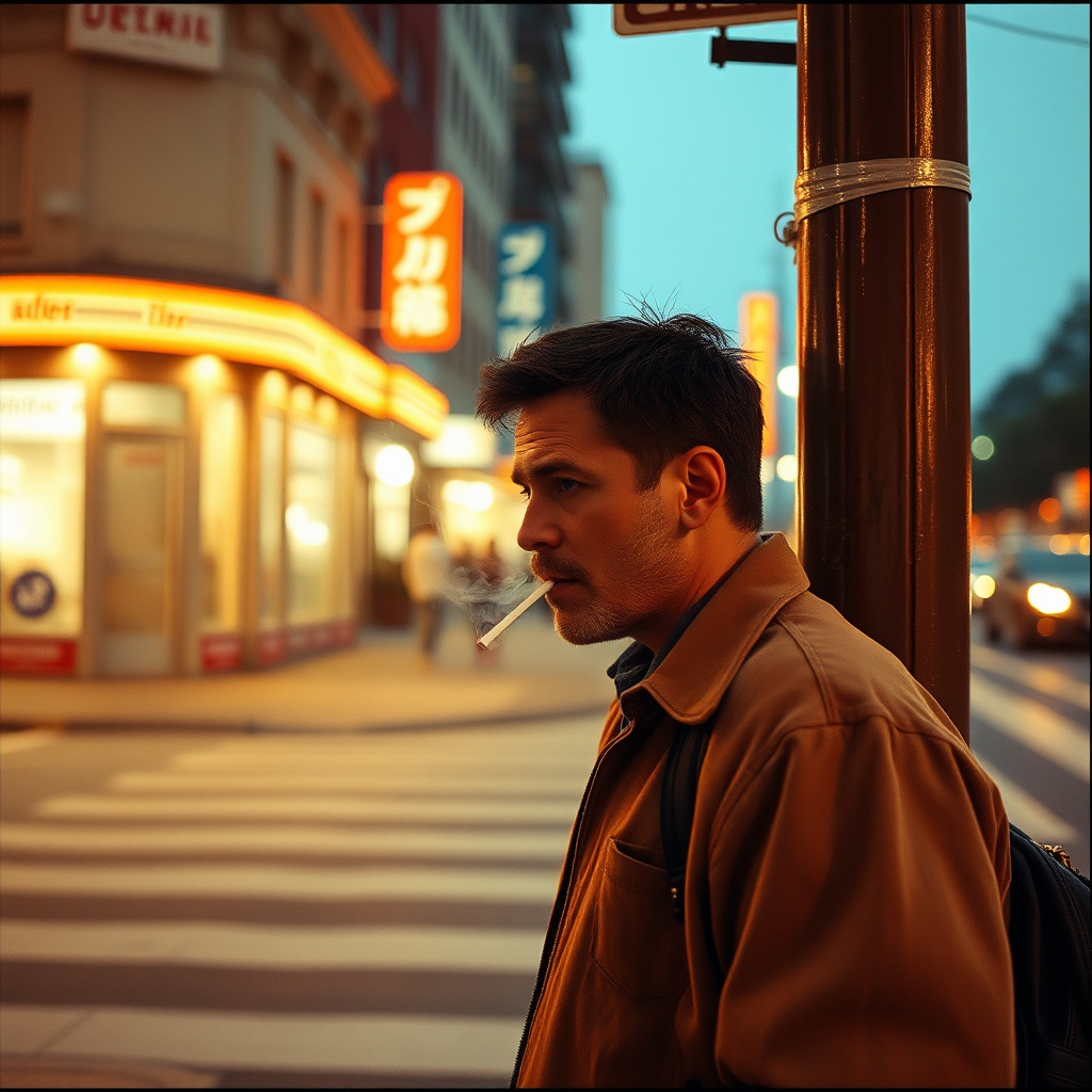 A man smoking on street corner at night.