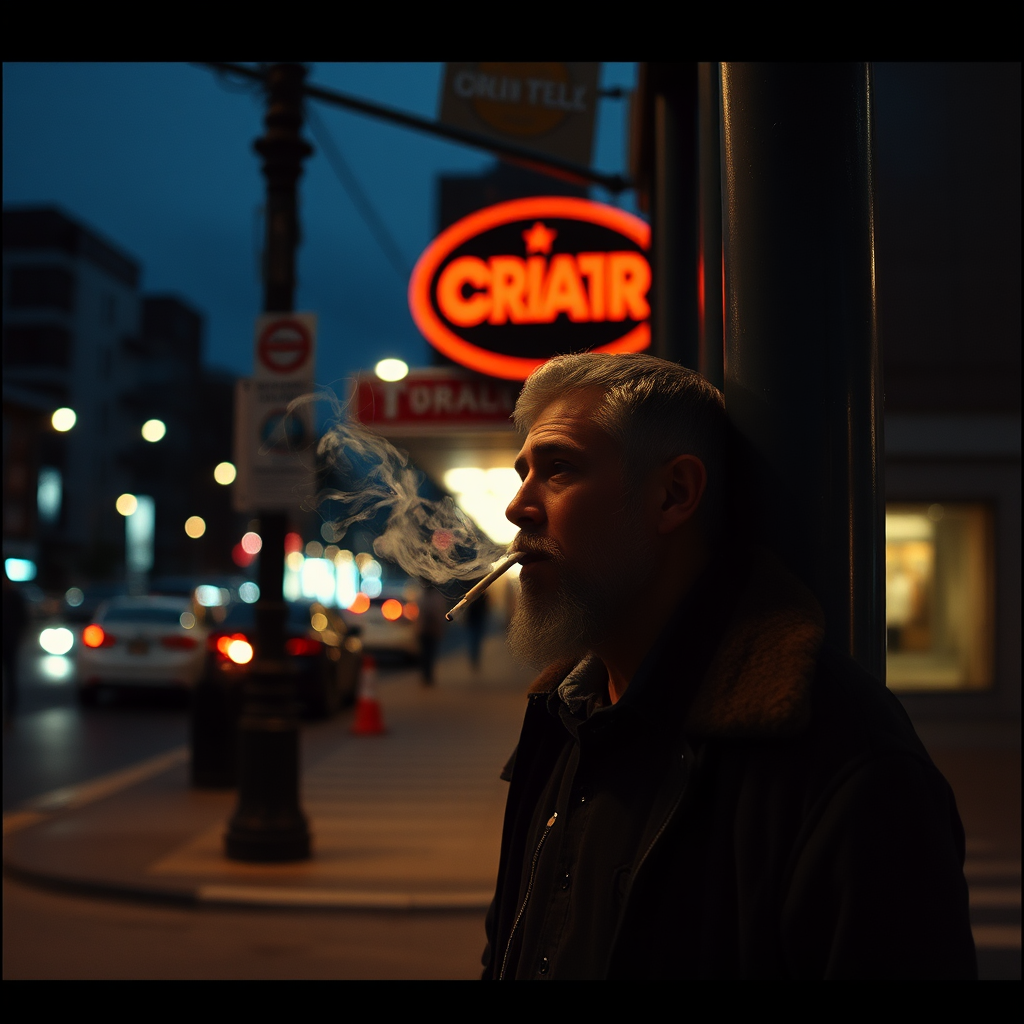 A man smoking on street corner.