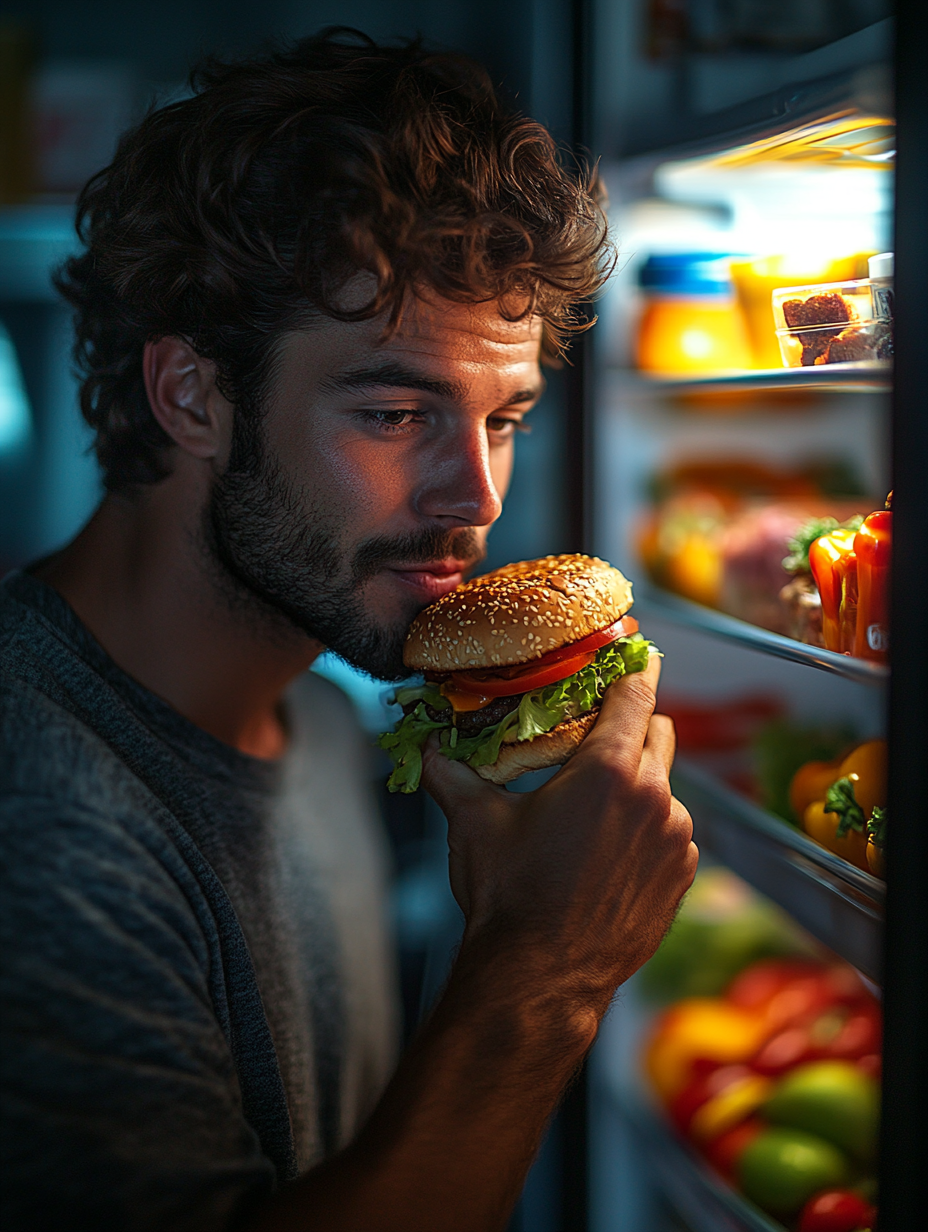 A man takes a bite from a hamburger in a bright fridge.