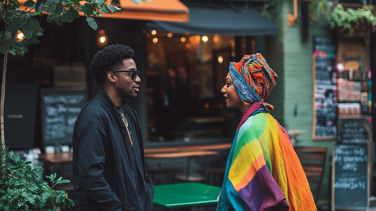 A man talking to woman in colorful clothes.