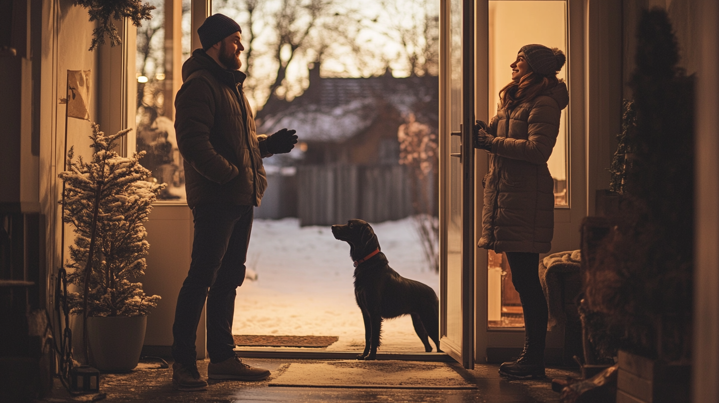 A man talks to smiling woman outside.