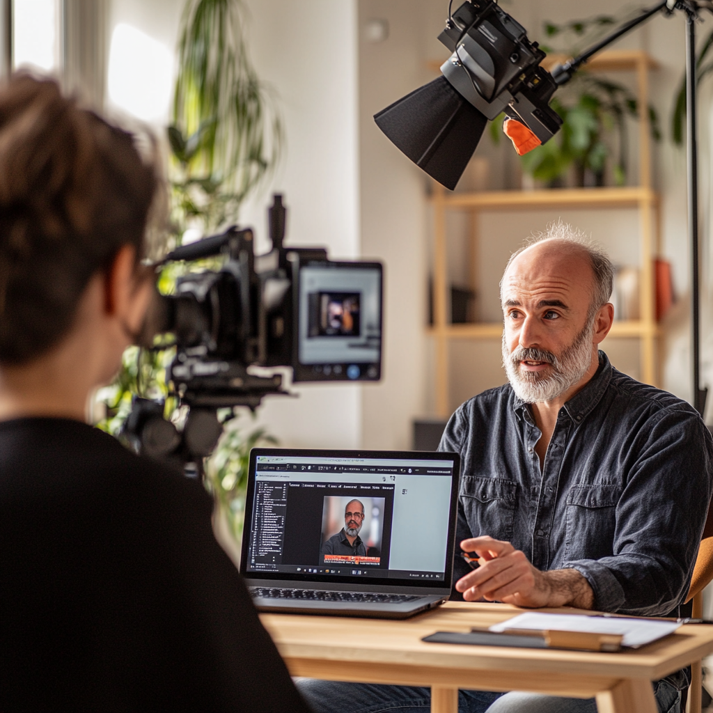 A man using France.tv site with a young interviewer.